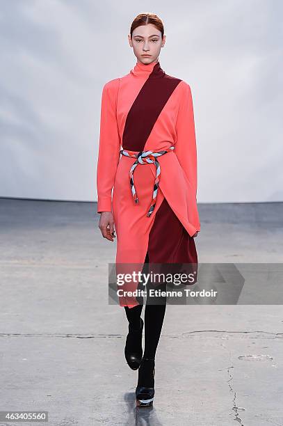 Model walks the runway at the Tanya Taylor show during Mercedes-Benz Fashion Week Fall 2015 at Industria Studios on February 13, 2015 in New York...