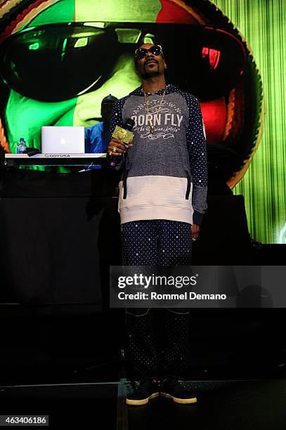 Rapper Snoop Dogg performs at the Playstation Special Announcement Event at Gotham Hall on February 13, 2015 in New York City.