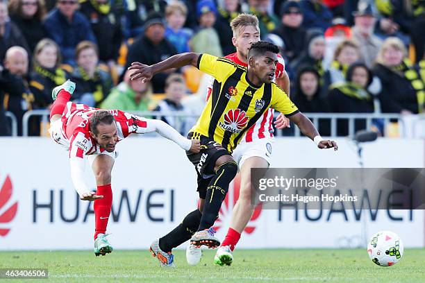 Roy Krishna of the Phoenix evades Massimo Murdocca of Melbourne City during the round 17 A-League match between Wellington Phoenix and Melbourne City...