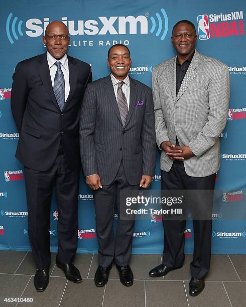 Clyde Drexler, Isiah Thomas, and Dominique Wilkins visit the SiriusXM Studios on February 13, 2015 in New York City.