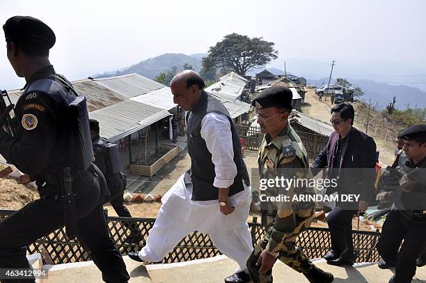 Indian Home minister Rajnath Singh arrives at the Border Security Force border outpost at Khantlang, 254 kms north of Agartala, the capital of...