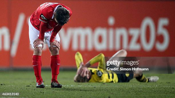 Philipp Klement of Mainz and Marc Hornschuh of Dortmund react during the Third League match between 1. FSV Mainz 05 II and Borussia Dortmund II at...