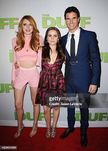 Bella Thorne, Mae Whitman and Robbie Amell attend the premiere of "The Duff" at TCL Chinese 6 Theatres on February 12, 2015 in Hollywood, California.