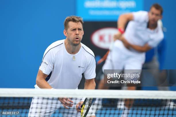 Johan Brunstrom of Sweden and Frederik Nielsen of Denmark in action in their second round doubles match against Julien Benneteau of France and...