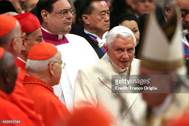 Pope Emeritus Benedict XVI and Pope Francis attend the Ordinary Public Consistory at St. Peter's Basilica on February 14, 2015 in Vatican City,...