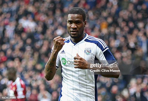 Brown Ideye of West Bromwich Albion celebrates as he scores their first goal during the FA Cup Fifth Round match between West Bromwich Albion and...