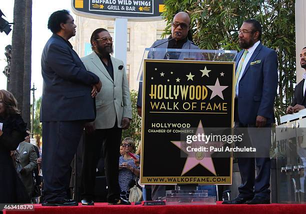 Lamont Dozier, Edward Holland, Stevie Wonder and Brian Holland attend the ceremony to honor the Songwriting Team of Brian Holland, Lamont Dozier And...