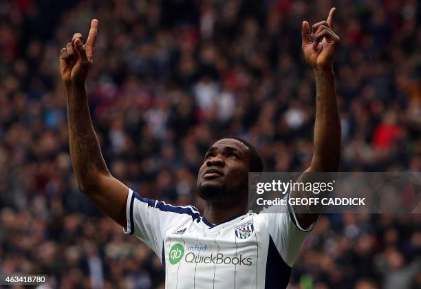 West Bromwich Albion's Nigerian striker Brown Ideye celebrates after scoring the opening goal of the English FA Cup fifth round football match...