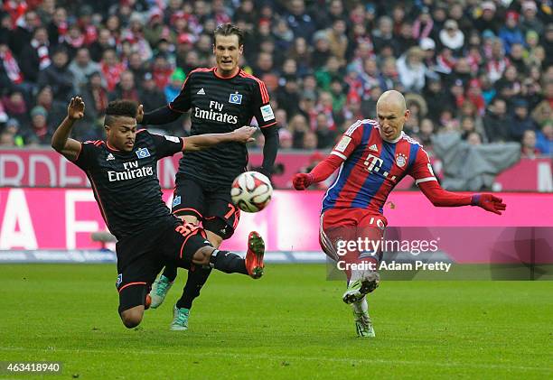 Arjen Robben of FC Bayern scores the third goal during the Bundesliga match between FC Bayern Muenchen and Hamburger SV - at Allianz Arena on...