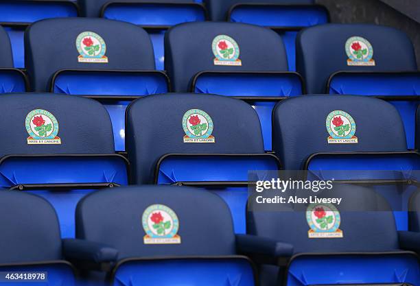 The Rovers badge is seen on the seats during the FA Cup Fifth Round match between Blackburn Rovers and Stoke City at Ewood park on February 14, 2015...