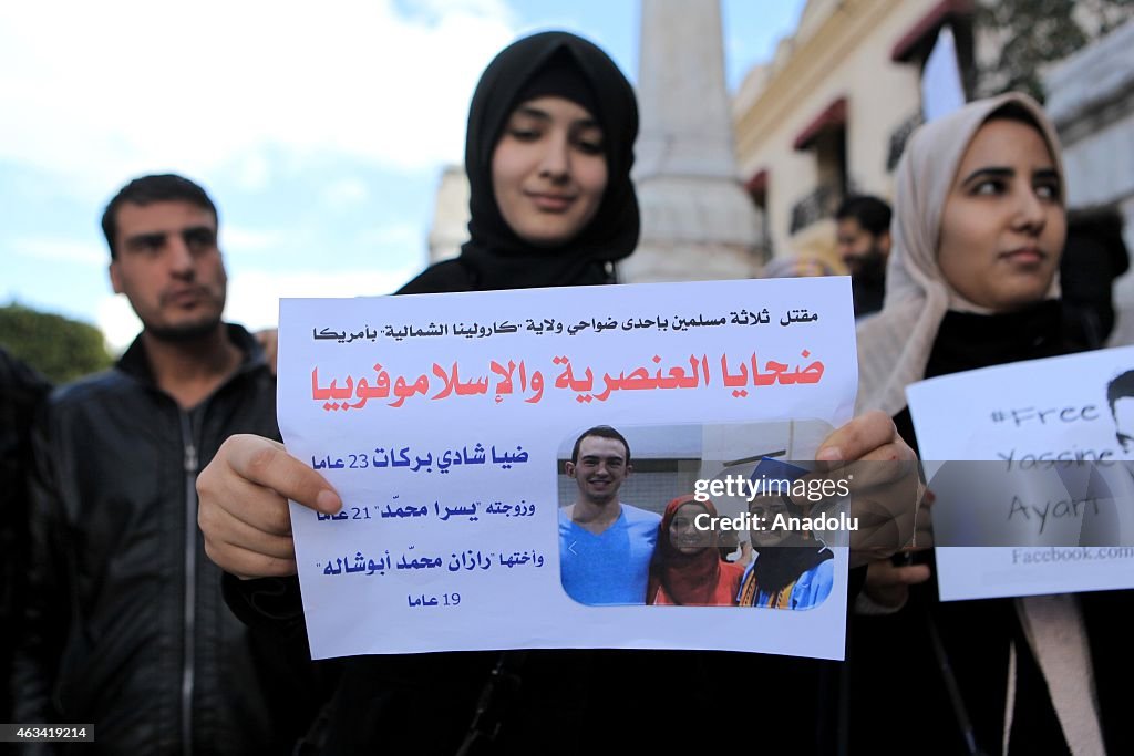 Protest in Tunis against kiling of Muslim students in US