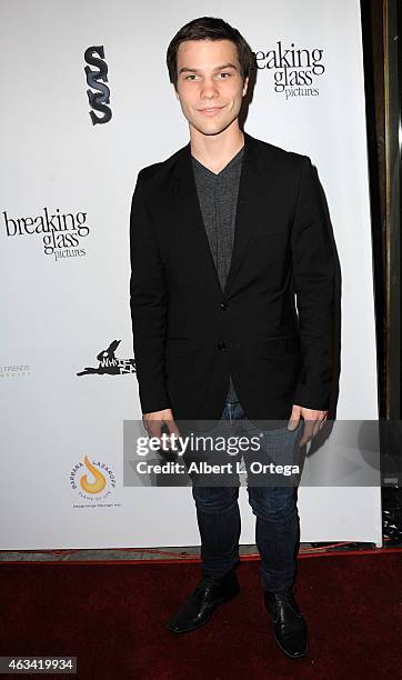 Actor Nick Krause arrives for the Los Angeles Premiere of "White Rabbit" held at Laemmle Music Hall on February 13, 2015 in Beverly Hills, California.