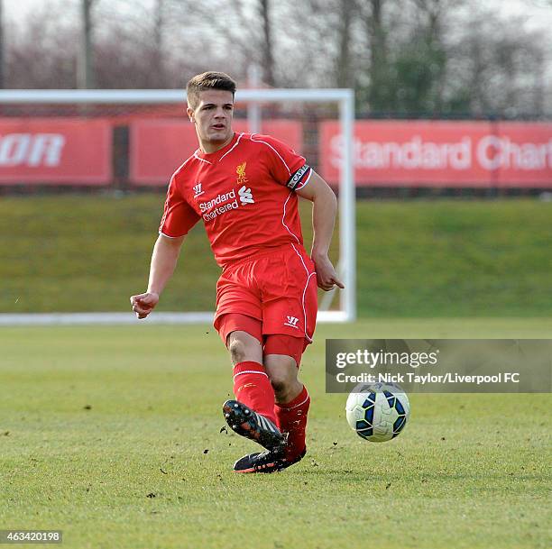 Tom Brewitt of Liverpool in action during the Barclays U18 Premier League match between Liverpool and Sunderland at the Kirkby Academy on February...