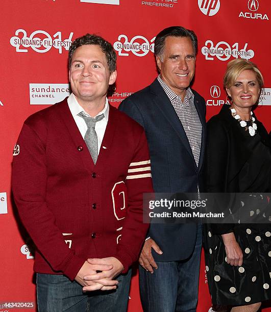 Director Greg Whiteley, politician Mitt Romney and Ann Romney attend "Mitt" Premiere during 2014 Sundance Film Festival at Rose Wagner Performing...
