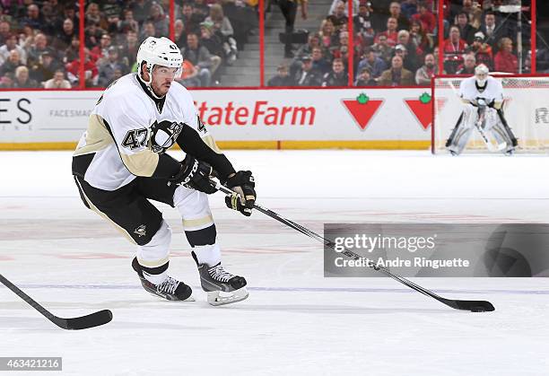 Simon Despres of the Pittsburgh Penguins skates against the Ottawa Senators at Canadian Tire Centre on February 12, 2015 in Ottawa, Ontario, Canada.