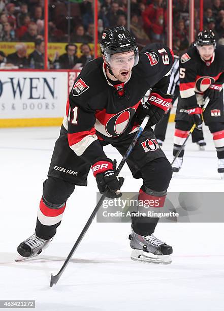 Mark Stone of the Ottawa Senators skates against the Pittsburgh Penguins at Canadian Tire Centre on February 12, 2015 in Ottawa, Ontario, Canada.