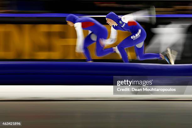 Heather Richardson and Brittany Bowe, both of the USA compete in the Ladies 500m race during day 3 of the ISU World Single Distances Speed Skating...