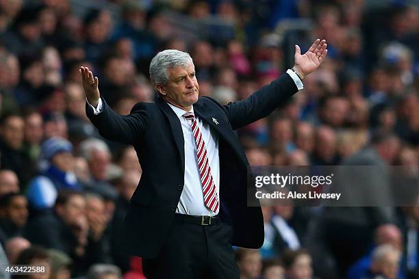 Manager Mark Hughes of Stoke City reacts during the FA Cup Fifth Round match between Blackburn Rovers and Stoke City at Ewood park on February 14,...