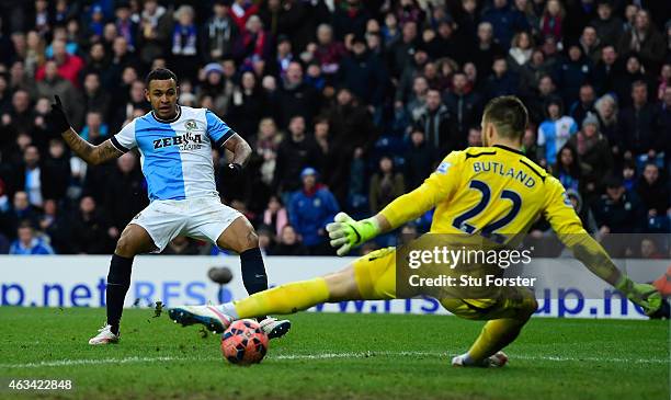 Stoke goalkeeper Jack Butland is beaten by a shot from Josh King of Blackburn to score their third goal during the FA Cup Fifth round match between...