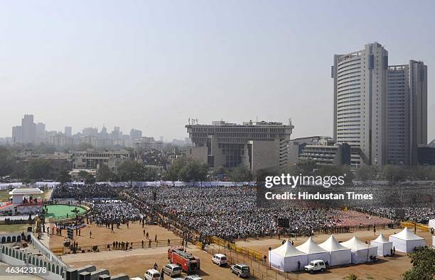 Huge crowd turned up during the swearing-in ceremony of AAP leader Arvind Kejriwal at the Ramlila Ground on February 14, 2015 in New Delhi, India....