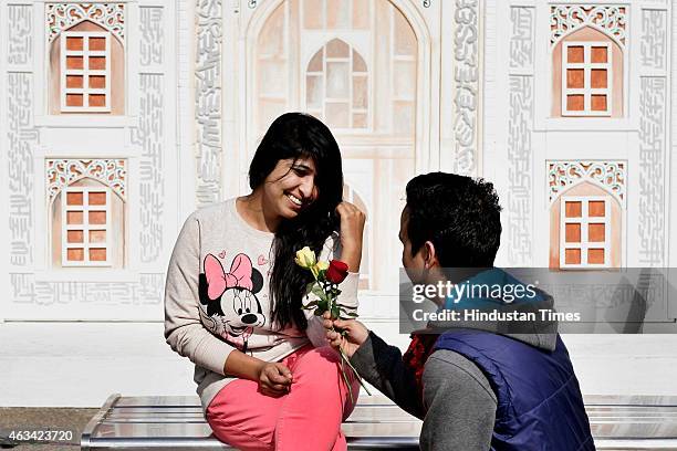 Lovers take selfies in front of the Taj Mahal shaped structure as they celebrated Valentine's Day, at The Great India Place mall on February 14, 2015...