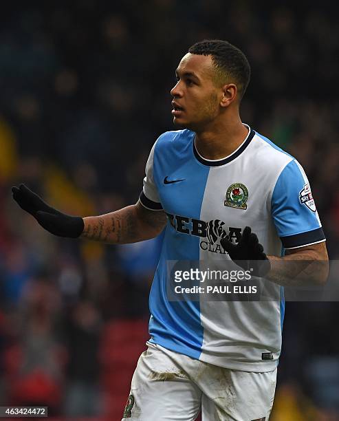 Blackburn's Norwegian striker Joshua King celebrates after scoring their third goal during the English FA Cup fifth round football match between...