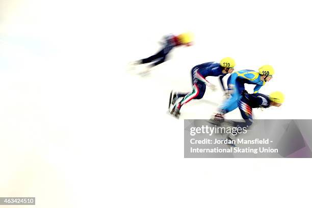 Denis Nikisha of Kazakhstan competes in the Men's 5000m Relay semi-finals on day one of the ISU World Cup Short Track Speed Skating on February 14,...