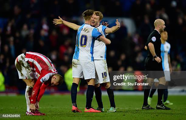 Blackburn players Tom Cairney and Chris Taylor celebrate after the FA Cup Fifth round match between Blackburn Rovers and Stoke City at Ewood park on...