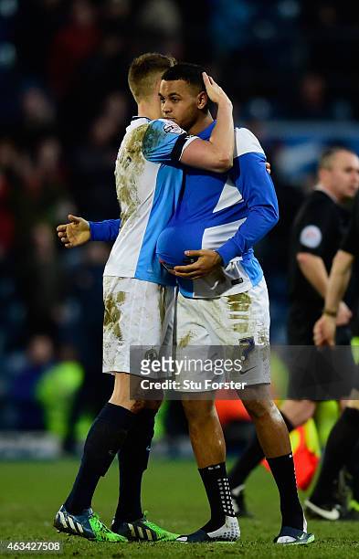 Three goal hero Josh King of Blackburn celebrates with captain Matt Kilgallon after the FA Cup Fifth round match between Blackburn Rovers and Stoke...