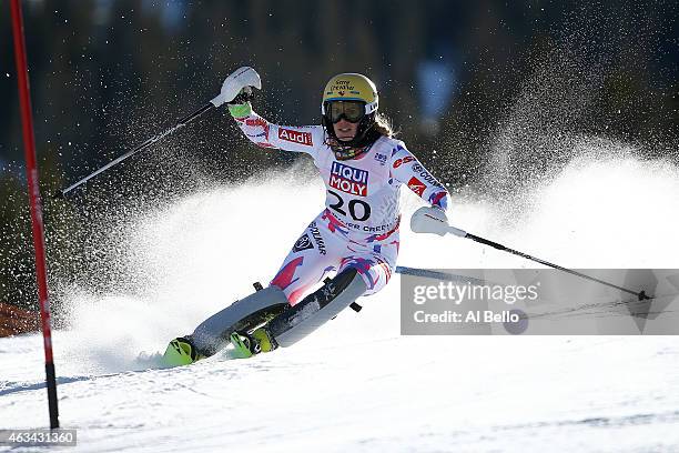 Laurie Mougel of France races during the Ladies' Slalom on the Golden Eagle racecourse on Day 13 of the 2015 FIS Alpine World Ski Championships on...