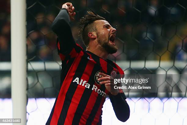 Haris Seferovic of Frankfurt reacts after missing a chance to score during the Bundesliga match between Eintracht Frankfurt and FC Schalke 04 at...