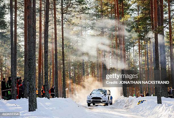 Ott Tanak of Estonia and his co-driver Raigo Mlder steer their Ford Fiesta RS WRC during the 15th stage of the Rally Sweden, second round of the FIA...