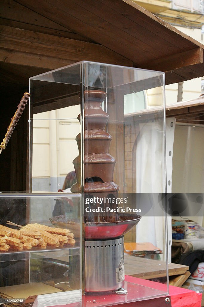 Chocolate fountain display during the "Chocoland 2015", the...