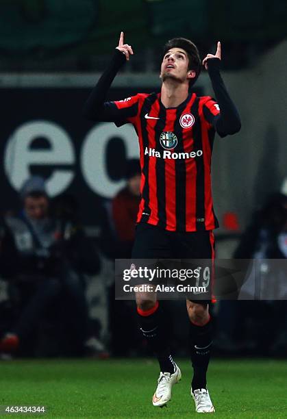 Lucas Piazon of Frankfurt celebrates his team's first goal during the Bundesliga match between Eintracht Frankfurt and FC Schalke 04 at...