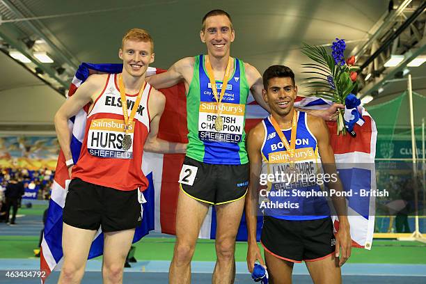 Winner Lee Emmanuel of Great Britain second place Philip Hurst of Great Britain and third place Tom Lancashire of Great Britain pose with their...