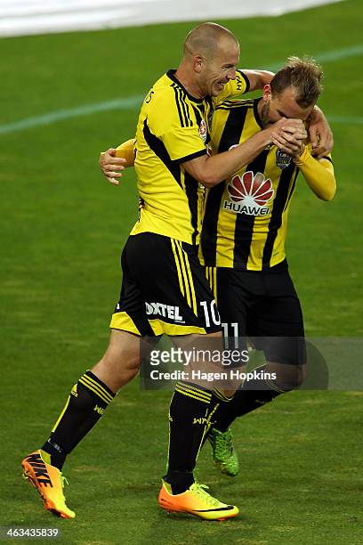 Stein Huysegems of the Phoenix celebrates his goal with Jeremy Brockie during the round 15 A-League match between Wellington Phoenix and the...