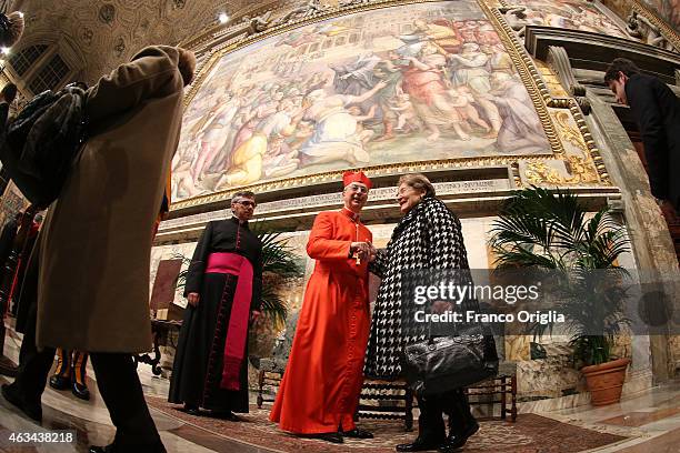 Newly appointed cardinal French Archbishop Dominique Mamberti attends the courtesy visits in the Apostolic Palace on February 14, 2015 in Vatican...