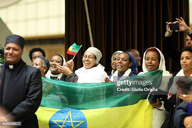 Ethiopian faithful greet Cardinal Berhaneyesus Demerew Souraphiel as he attends his courtesy visits on February 14, 2015 in Vatican City, Vatican. In...