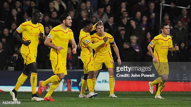 Daniel Sturridge of Liverpool celebrates after scoring an equalising goal during the FA Cup Fifth Round match between Crystal Palace and Liverpool at...