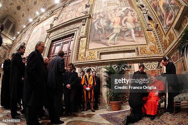 Newly appointed cardinal Italian Archbishop Luigi De Magistris attends the courtesy visits in the Apostolic Palace on February 14, 2015 in Vatican...