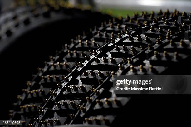 Studded tyres used by all the competitors during WRC Sweden on February 14, 2015 in Karlstad, Sweden.