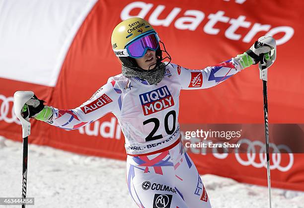 Laurie Mougel of France reacts during the Ladies' Slalom on the Golden Eagle racecourse on Day 13 of the 2015 FIS Alpine World Ski Championships on...