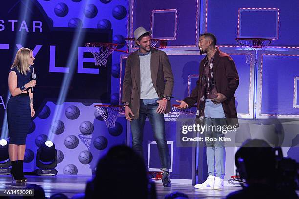 Host Carrie Keagan introduces lead competitors Chandler Parsons and J. R. Smith on stage during the NBA All-Star All-Style presented by Samsung...