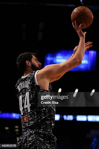 World Team's Nikola Mirotic of the Chicago Bulls shoots the ball during the BBVA Compass Rising Stars Challenge as part of the 2015 NBA Allstar...