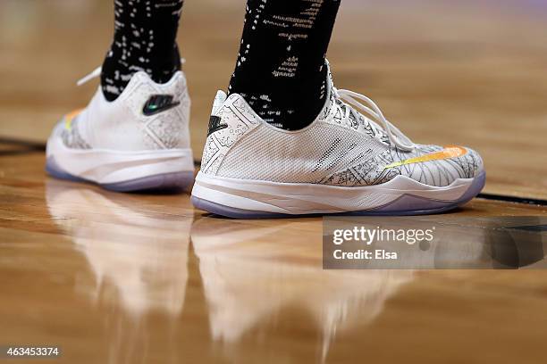 Detailed view of the sneakers of World Team's Nikola Mirotic of the Chicago Bulls during the BBVA Compass Rising Stars Challenge as part of the 2015...