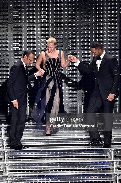 Carlo Conti, Margot Robbie, Will Smith attend the closing night of 65th Festival di Sanremo 2015 at Teatro Ariston on February 14, 2015 in Sanremo,...