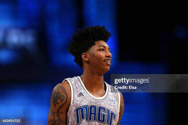 Team's Elfrid Payton of the Orlando Magic looks on during the BBVA Compass Rising Stars Challenge as part of the 2015 NBA Allstar Weekend at the...