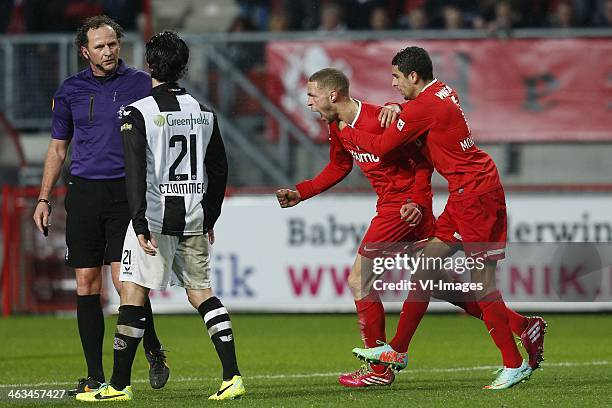 , Referee Reinold Wiedemeijer, Simon Cziommer of Heracles Almelo, Luc Castaignos of FC Twente, Youness Mokhtar of FC Twente during the Dutch...