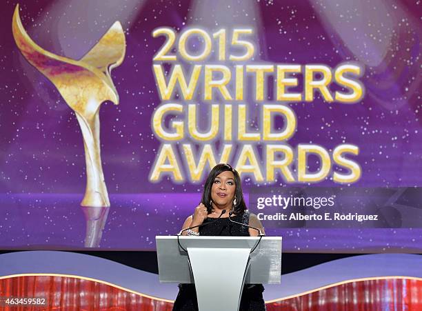 Honoree Shonda Rhimes accepts the WGA Lifetime Achievement Award onstage at the 2015 Writers Guild Awards L.A. Ceremony at the Hyatt Regency Century...