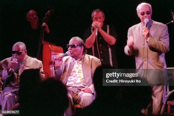 Blind Boys of Alabama performing at Bottom Line on Tuesday night, May 8, 2001.This image:From left, Bobby Butler, Clarence Fountain and Jimmy Carter...